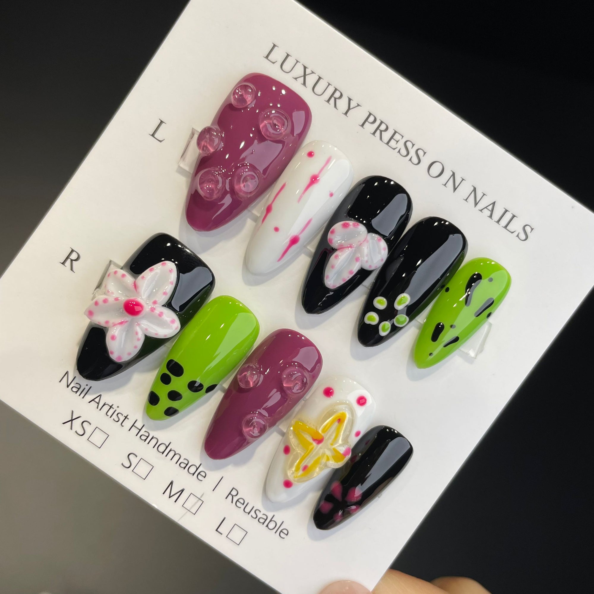 Handmade Press On Nails Medium Stiletto Alien organism