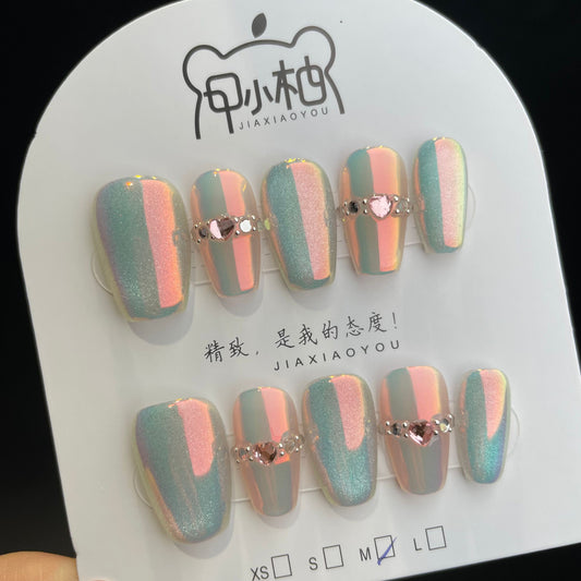 Handmade Press On Nails Medium Coffin Mermaid-JiaXY