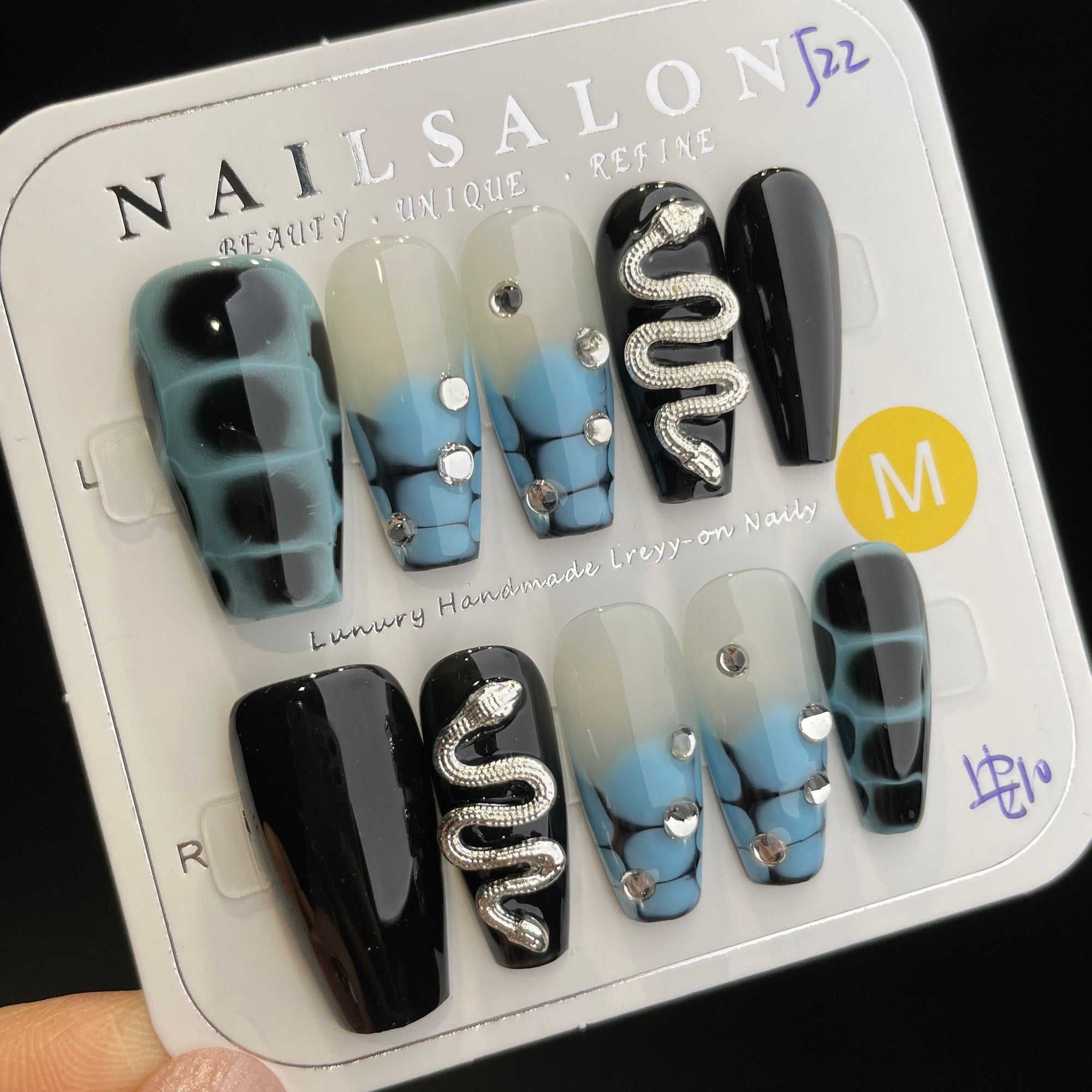 Handmade Press On Nails Long Coffin Blue black diamond snake-YiH
