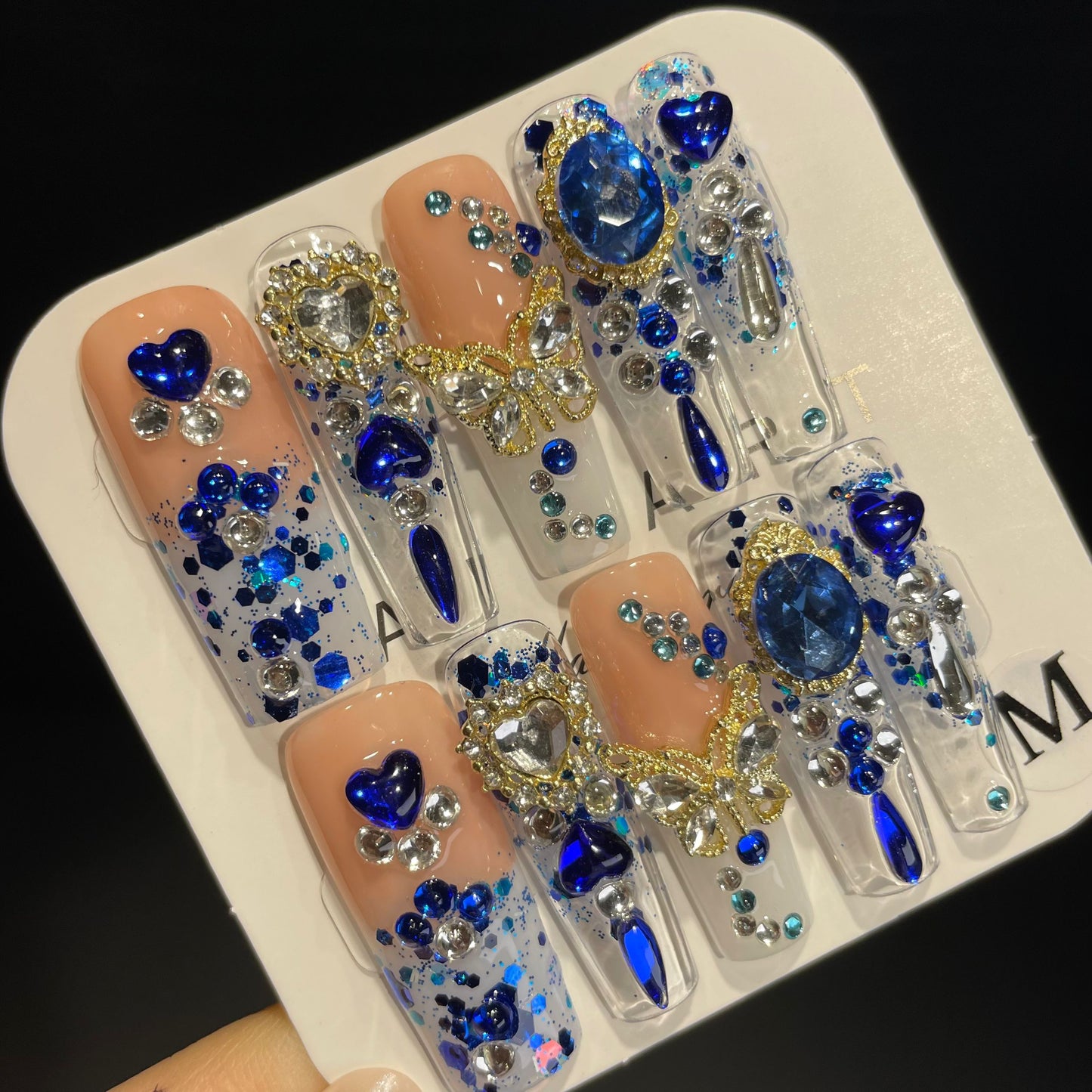 Handmade Press On Nails Long Coffin Blue treasure butterfly