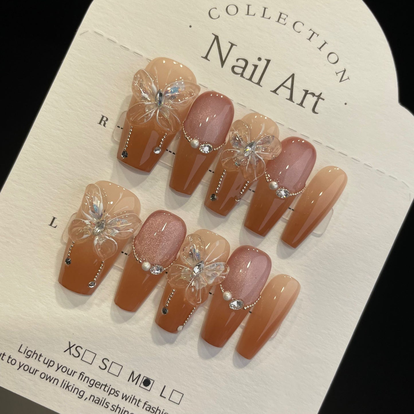 Handmade Press On Nails Long Coffin Three-dimensional butterfly