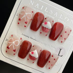 Handmade Press On Nails Medium Coffin Cat's eye strawberry cake-YiH