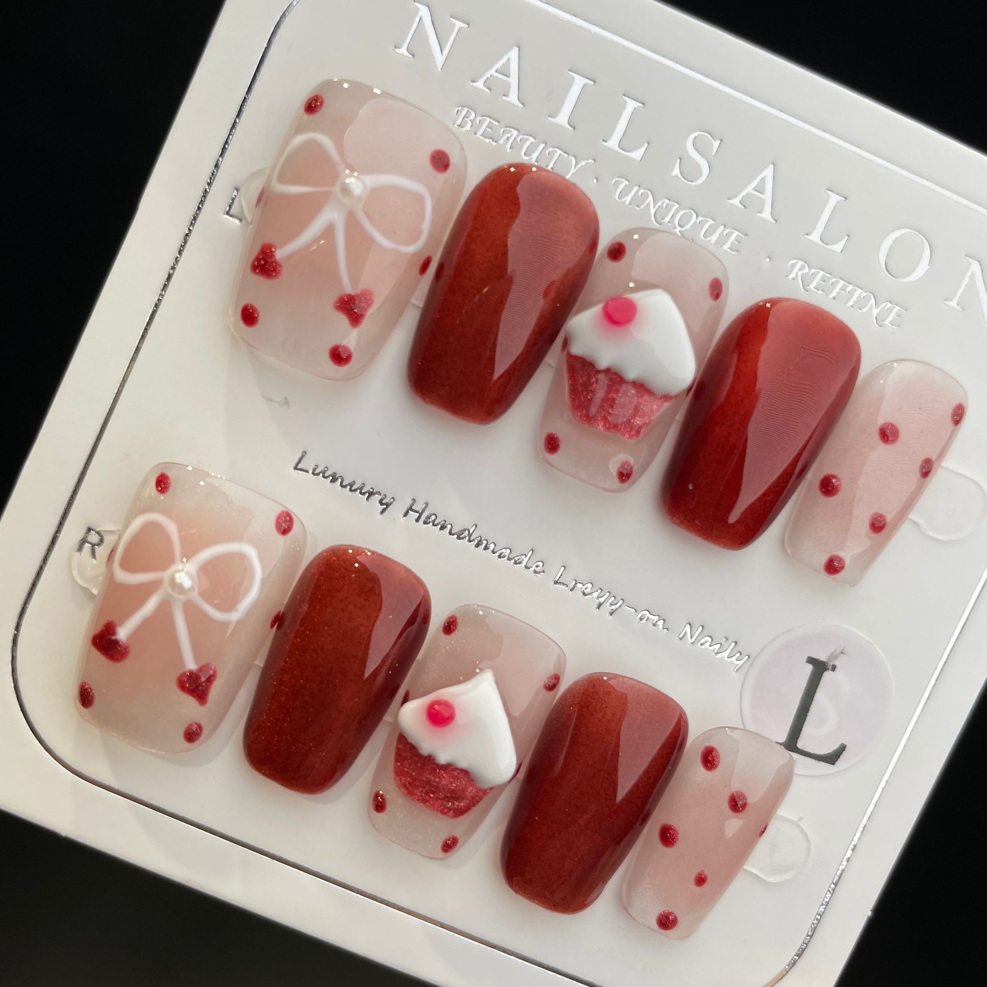 Handmade Press On Nails Medium Coffin Cat's eye strawberry cake-YiH