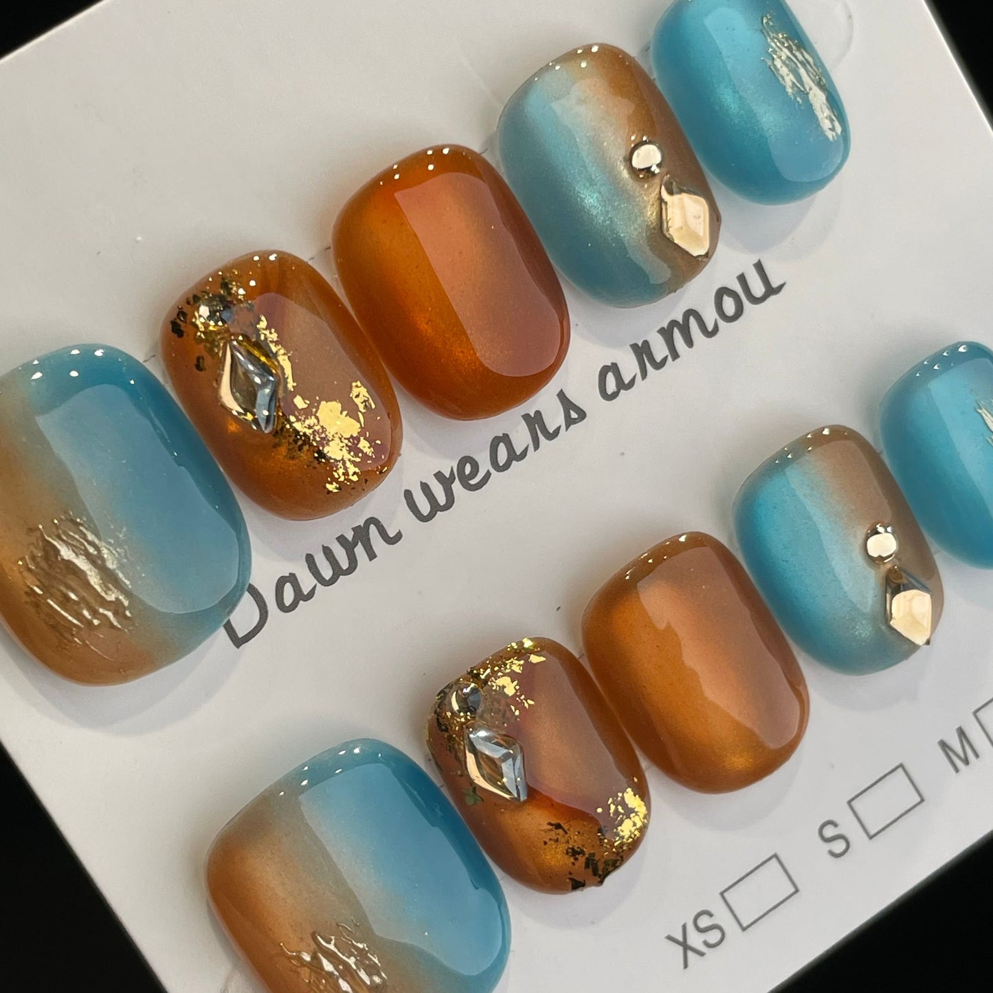 Handmade Press On Nails Short Square Orange and blue of Dunhuang-XiXX