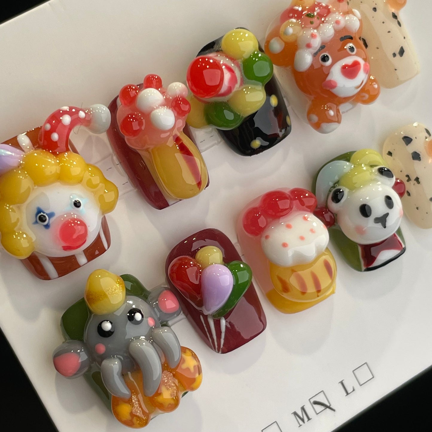 Handmade Press On Nails Short Coffin Handmade Clown animal circus-DaH