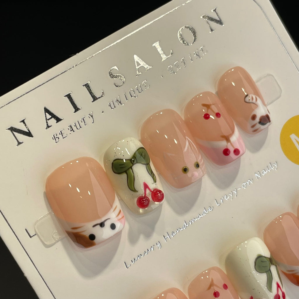 Handmade Press On Nails Short Coffin Cherry kitten