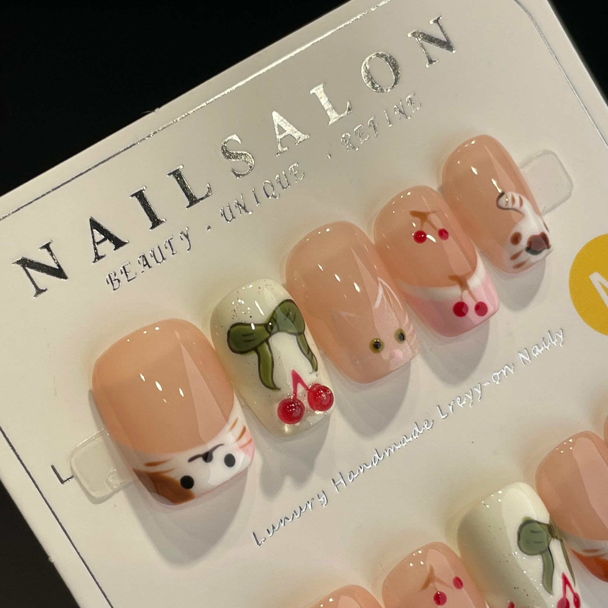 Handmade Press On Nails Short Coffin Cherry kitten