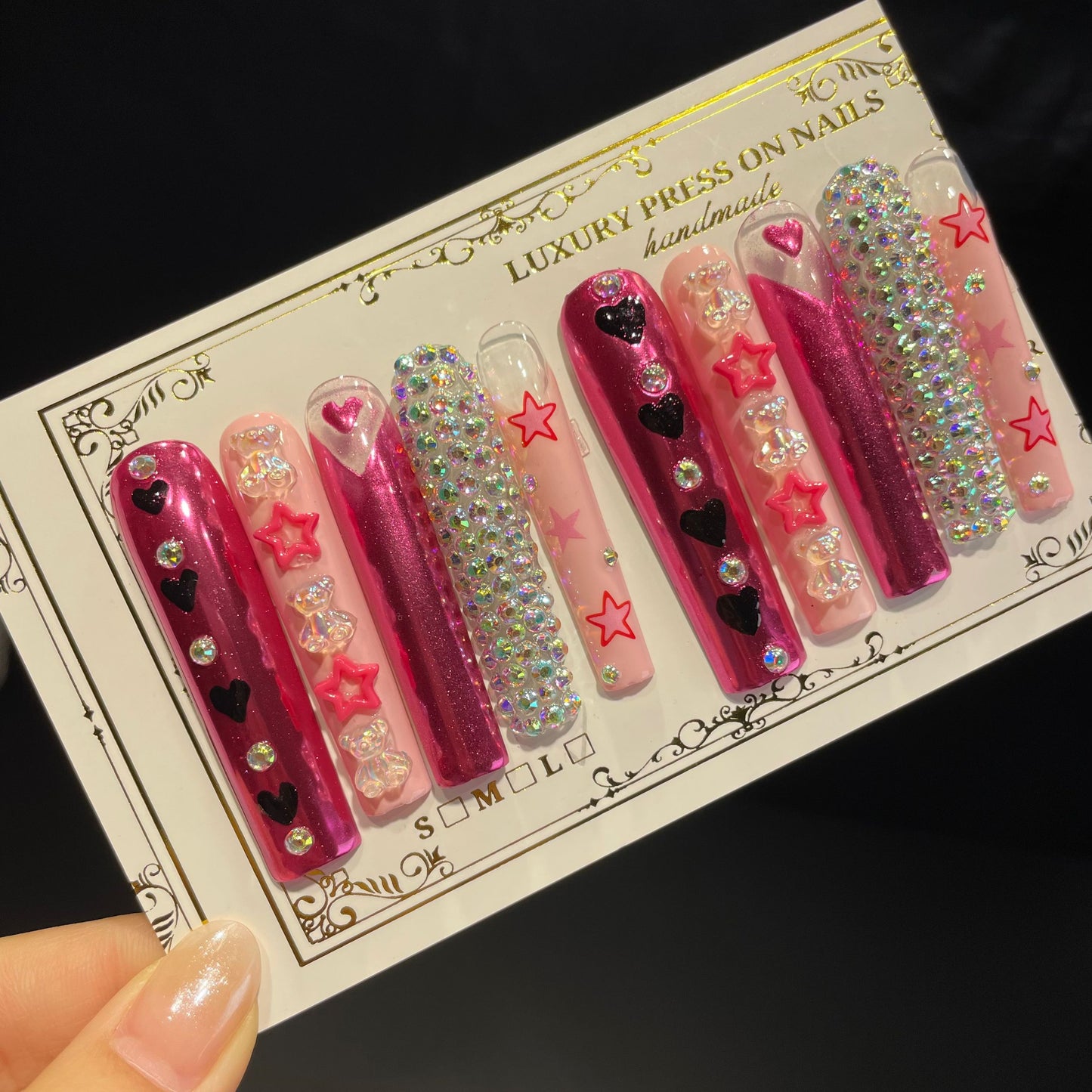 Handmade Press On Nails Extra-Long Coffin Hot and sweet girl