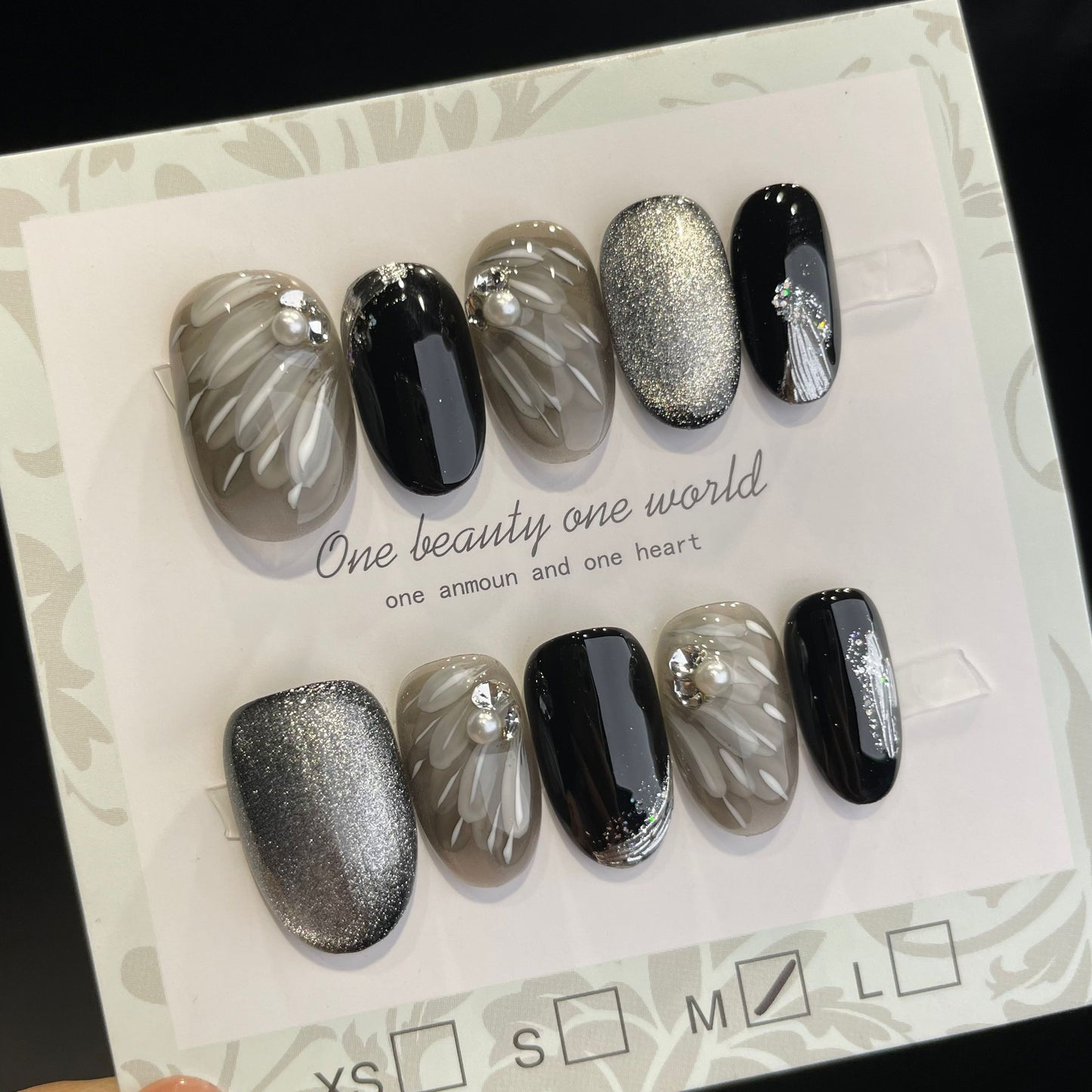 Handmade Press On Nails Short Oval Black Feather