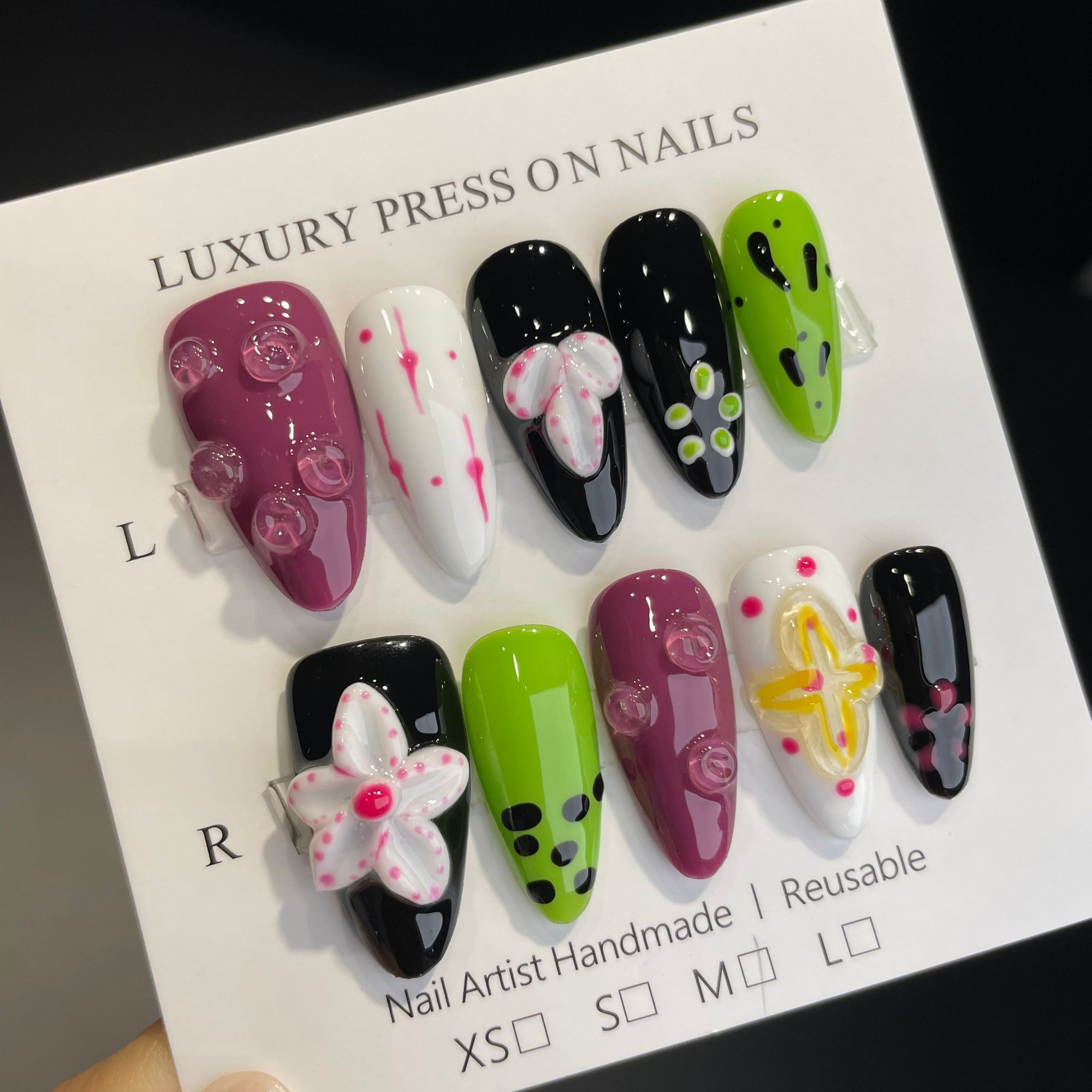 Handmade Press On Nails Medium Stiletto Alien organism