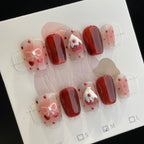 Handmade Press On Nails Short Coffin Cat's eye strawberry cake-YiH