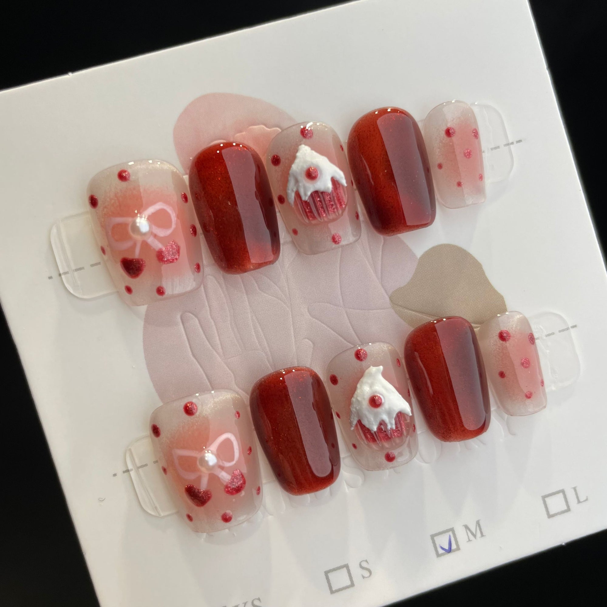 Handmade Press On Nails Short Coffin Cat's eye strawberry cake-YiH