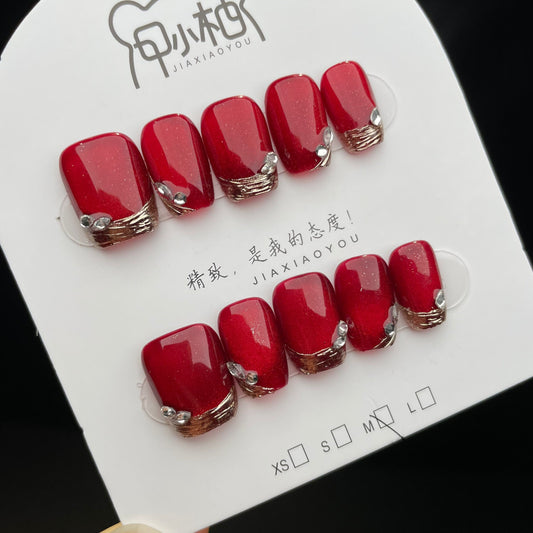 Handmade Press On Nails Short Coffin Red French