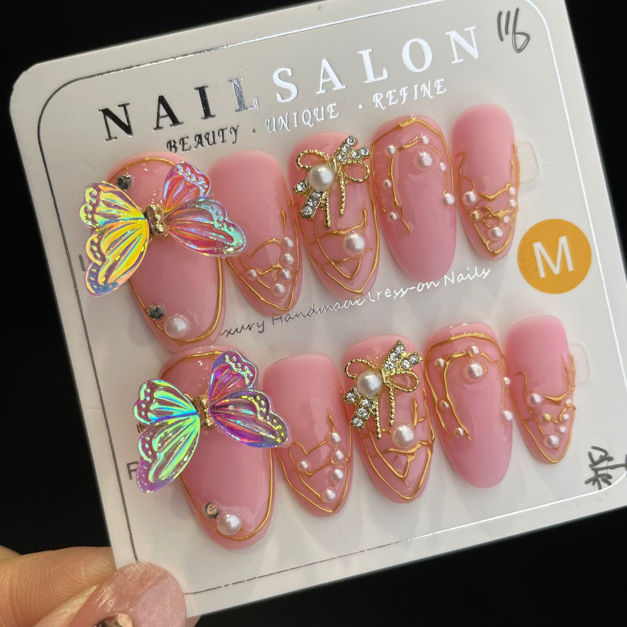 Handmade Press On Nails Long Almond Pink butterfly-YiH