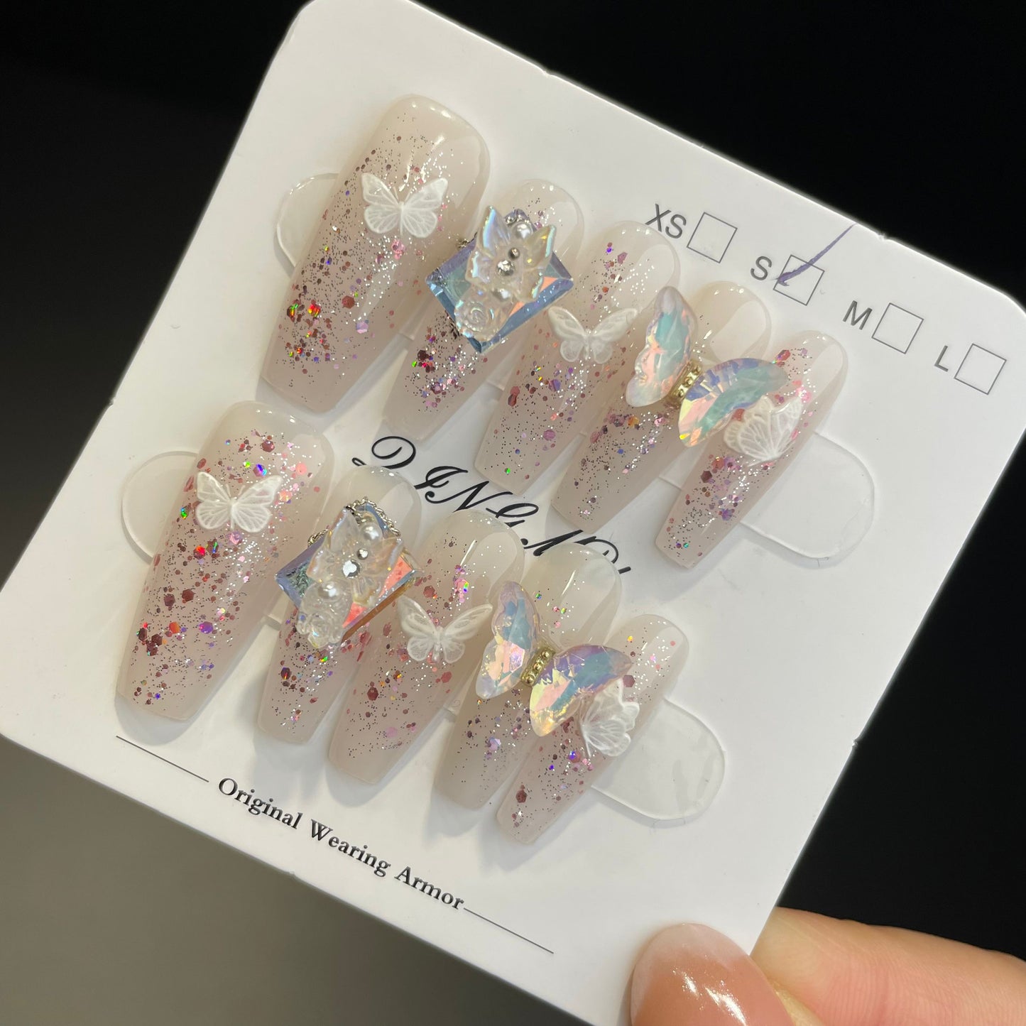 Handmade Press On Nails Long Coffin Diamond butterfly