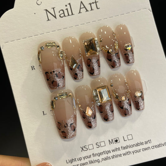 Handmade Press On Nails Long Coffin Leopard French