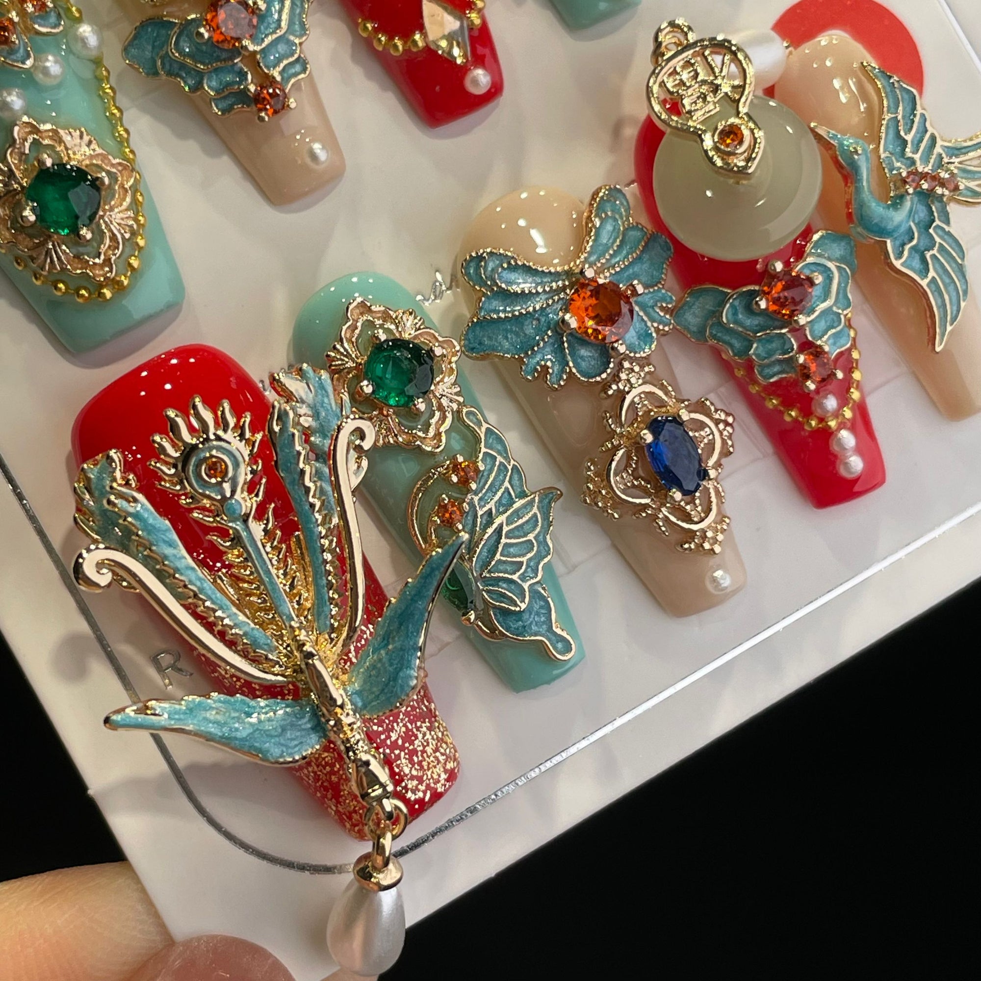 Handmade Press On Nails Long Coffin Gorgeous marriage red blue phoenix-YiH