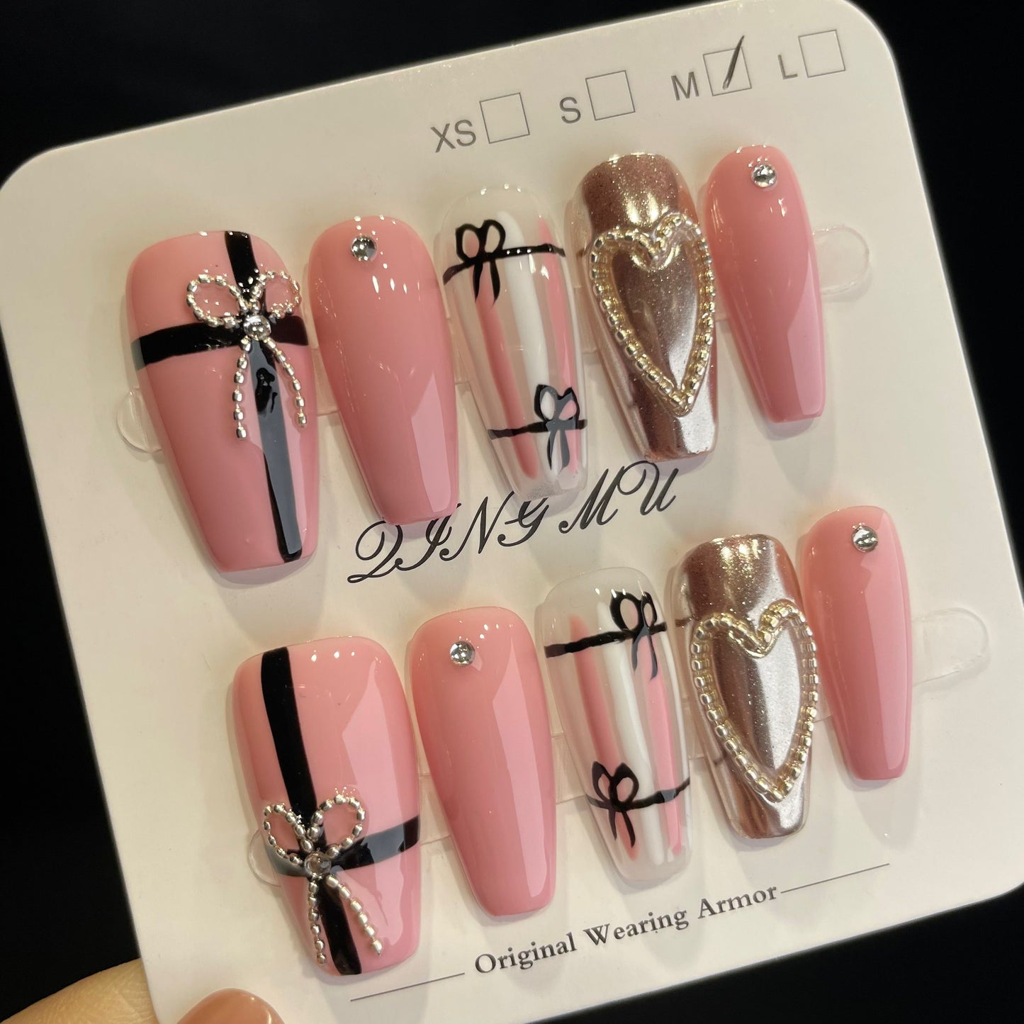 Handmade Press On Nails Long Coffin Pink bow-QingM