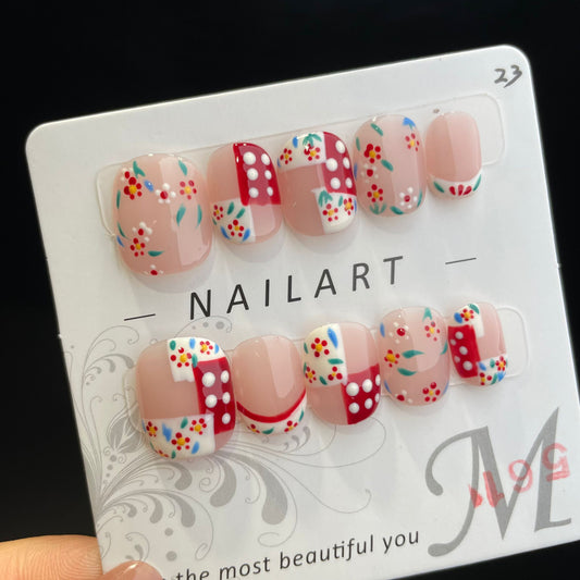 Handmade Press On Nails Short Square Red and white check-DaiRS