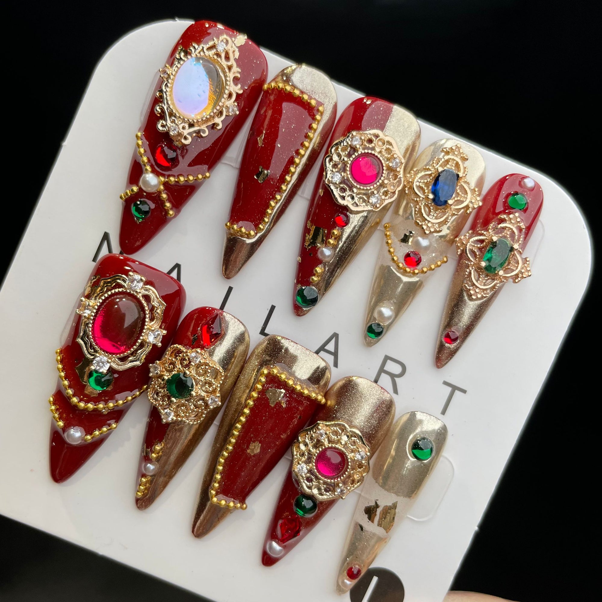 Handmade Press On Nails Long Stiletto Red gorgeous colored gems-YiH