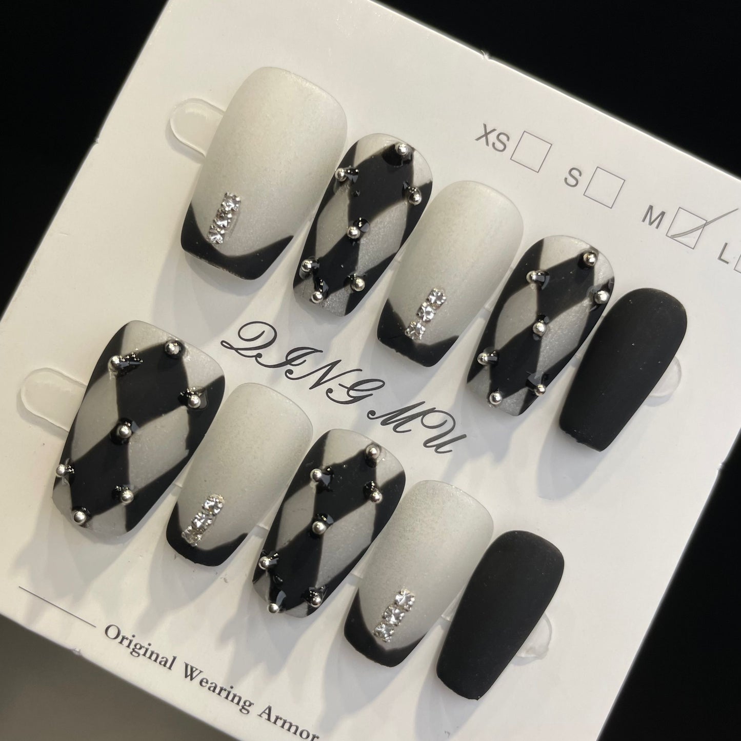 Handmade Press On Nails Medium Coffin Black and white diamond check French