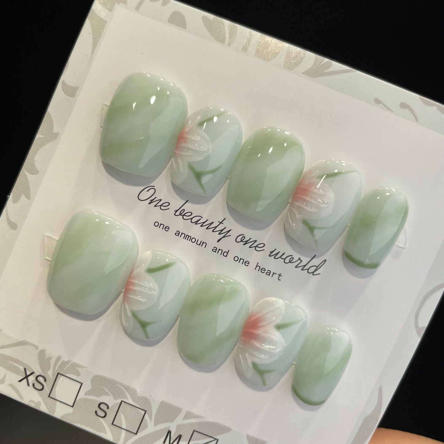 Handmade Press On Nails Short Square Green flower