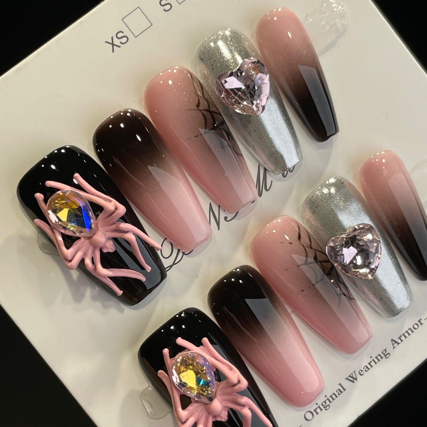 Handmade Press On Nails Long Coffin Black pink butterfly