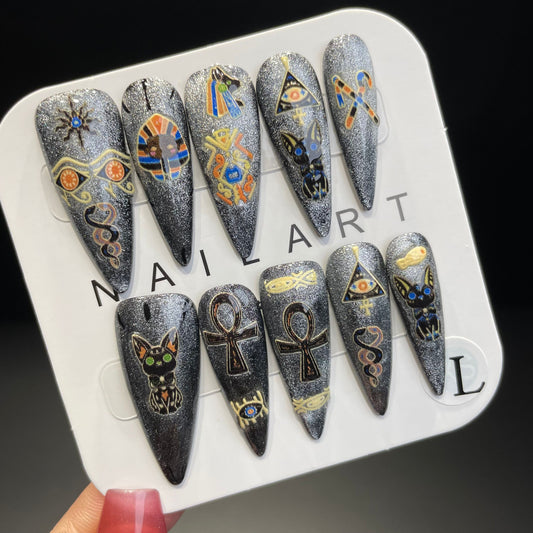 Handmade Press On Nails Long Stiletto Egyptian cat pharaoh