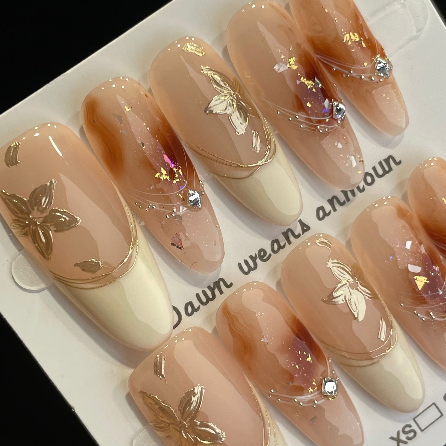 Handmade Press On Nails Long Almond Golden autumn-XiXX