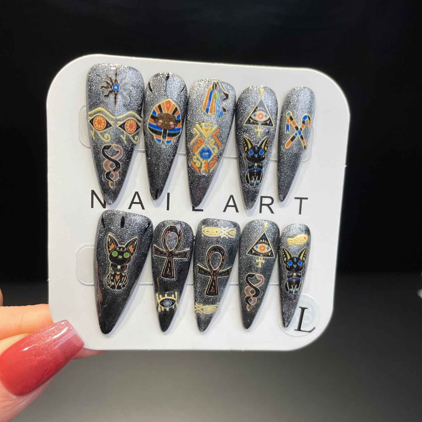 Handmade Press On Nails Long Stiletto Egyptian cat pharaoh