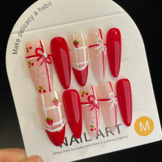 Handmade Press On Nails Long Stiletto Strawberry gift set