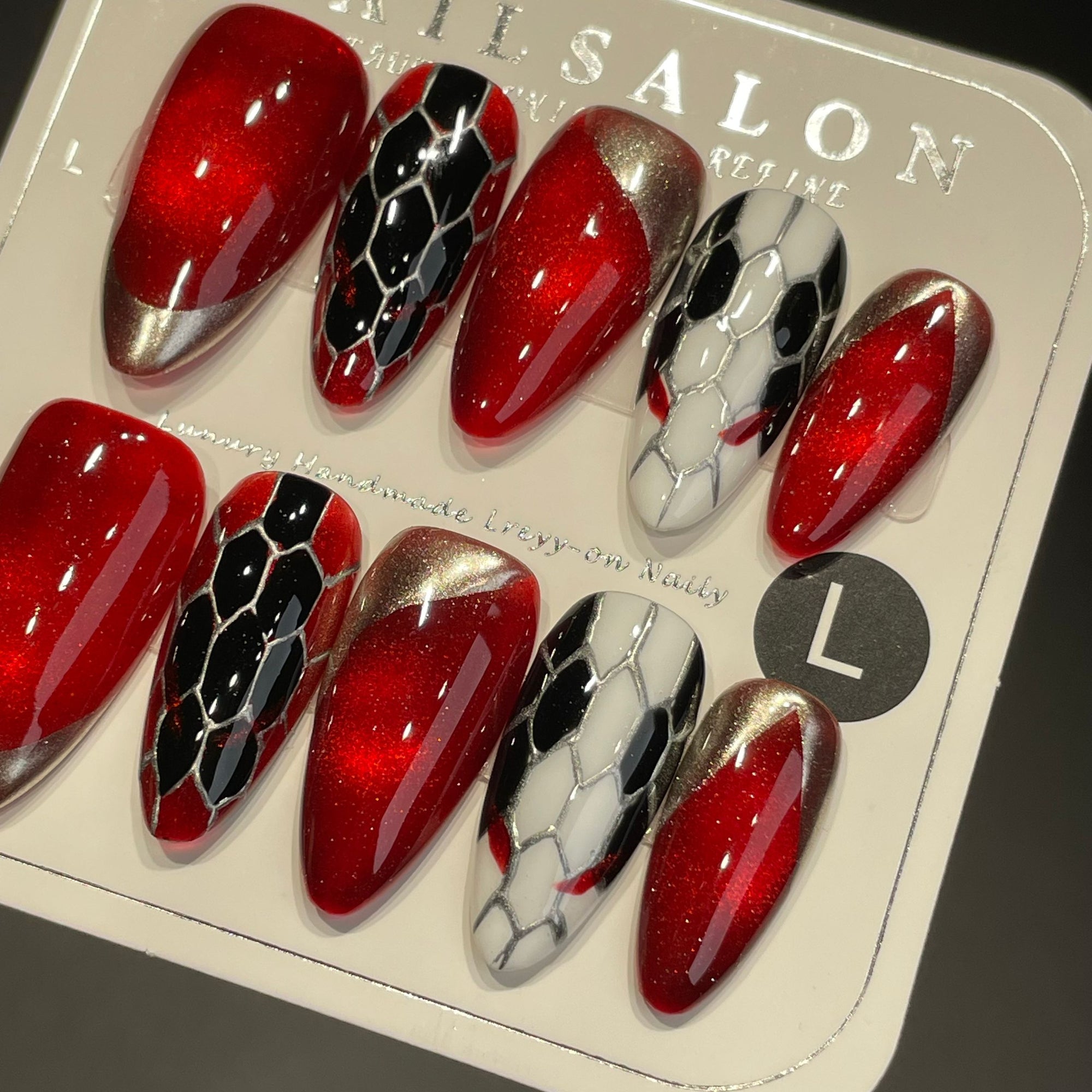 Handmade Press On Nails Medium Stiletto Red gold Medusa
