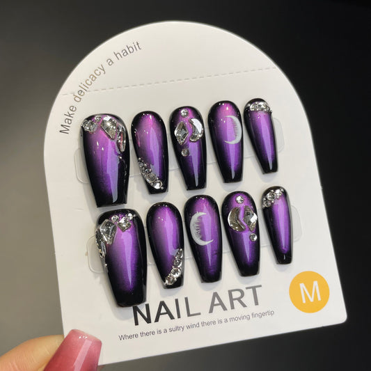 Handmade Press On Nails Long Coffin Violet Ink Demoness