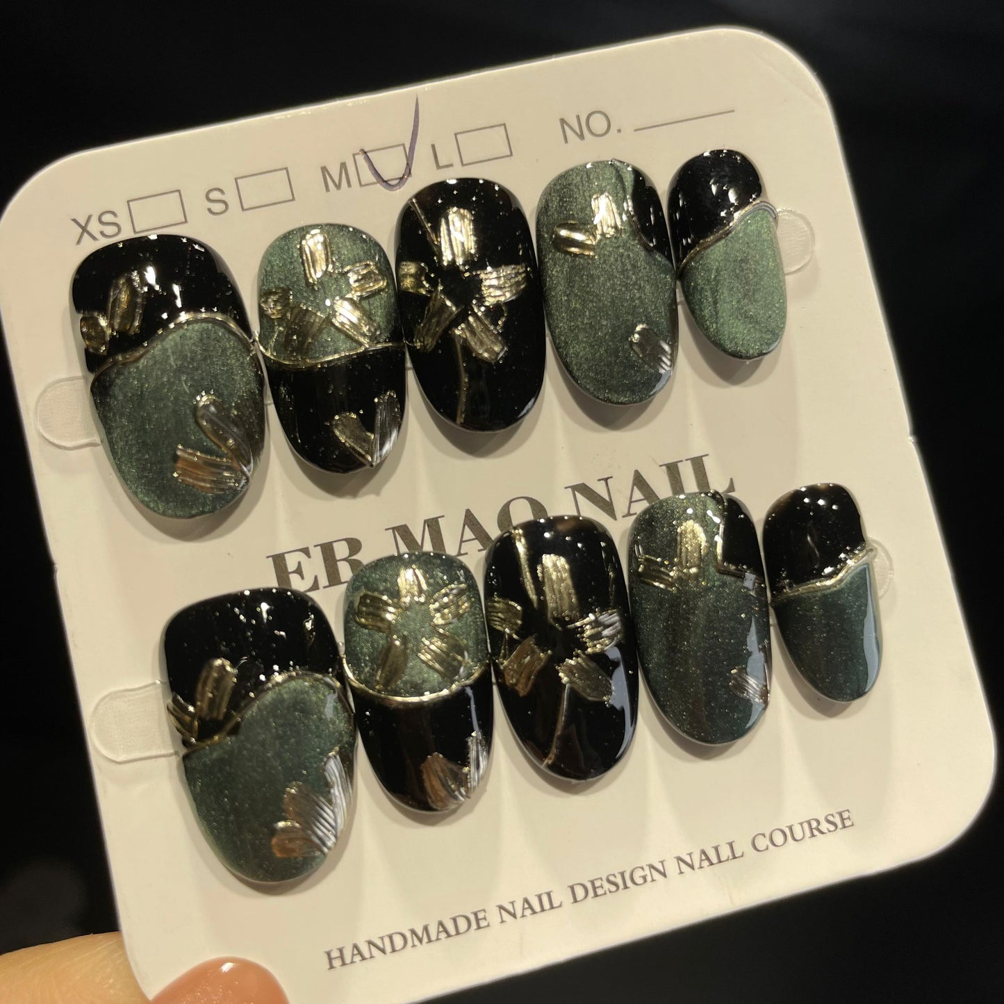 Handmade Press On Nails Short Oval Green flower