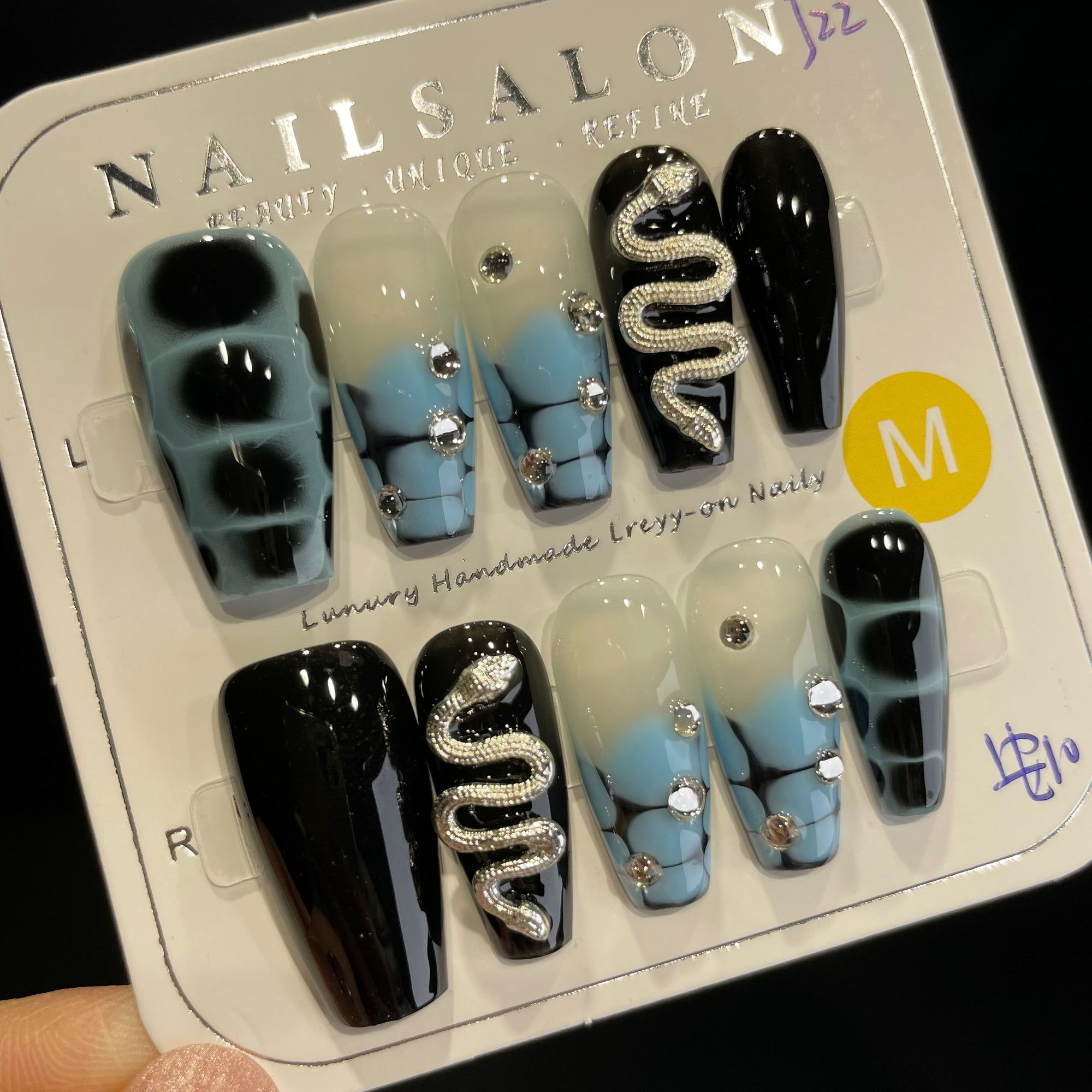 Handmade Press On Nails Long Coffin Blue black diamond snake-YiH