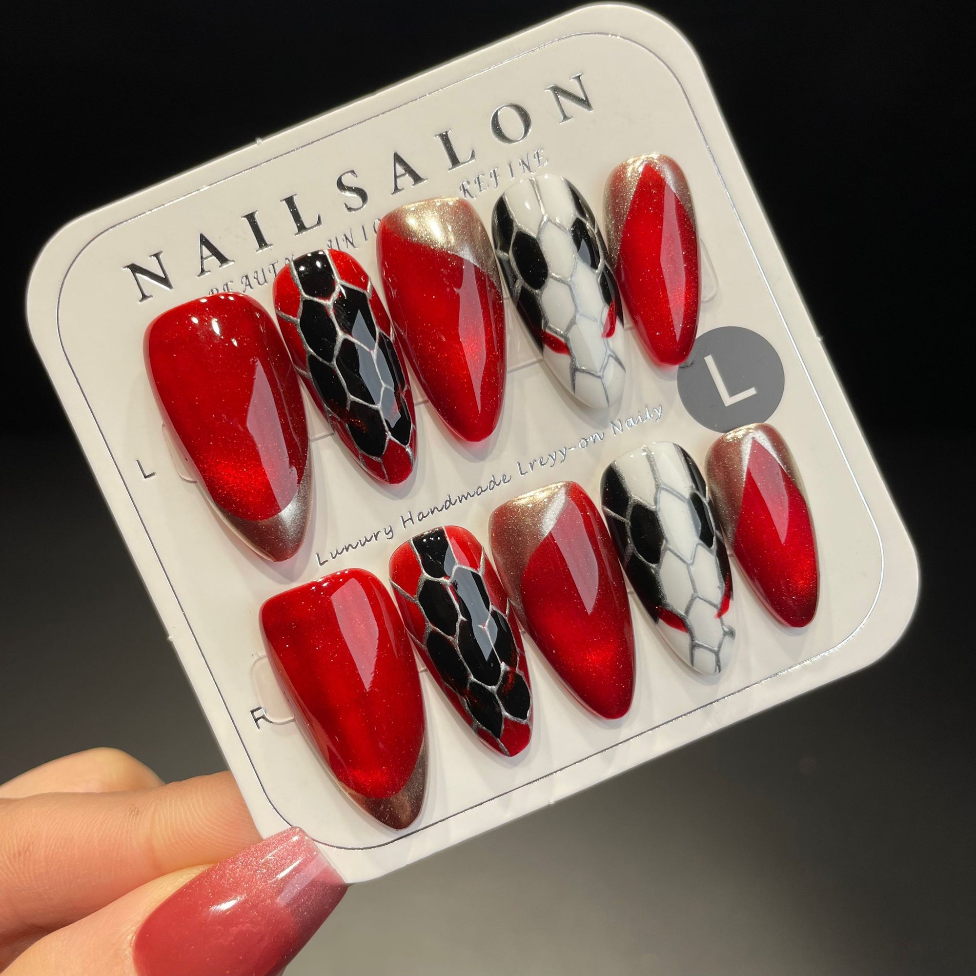 Handmade Press On Nails Medium Stiletto Red gold Medusa