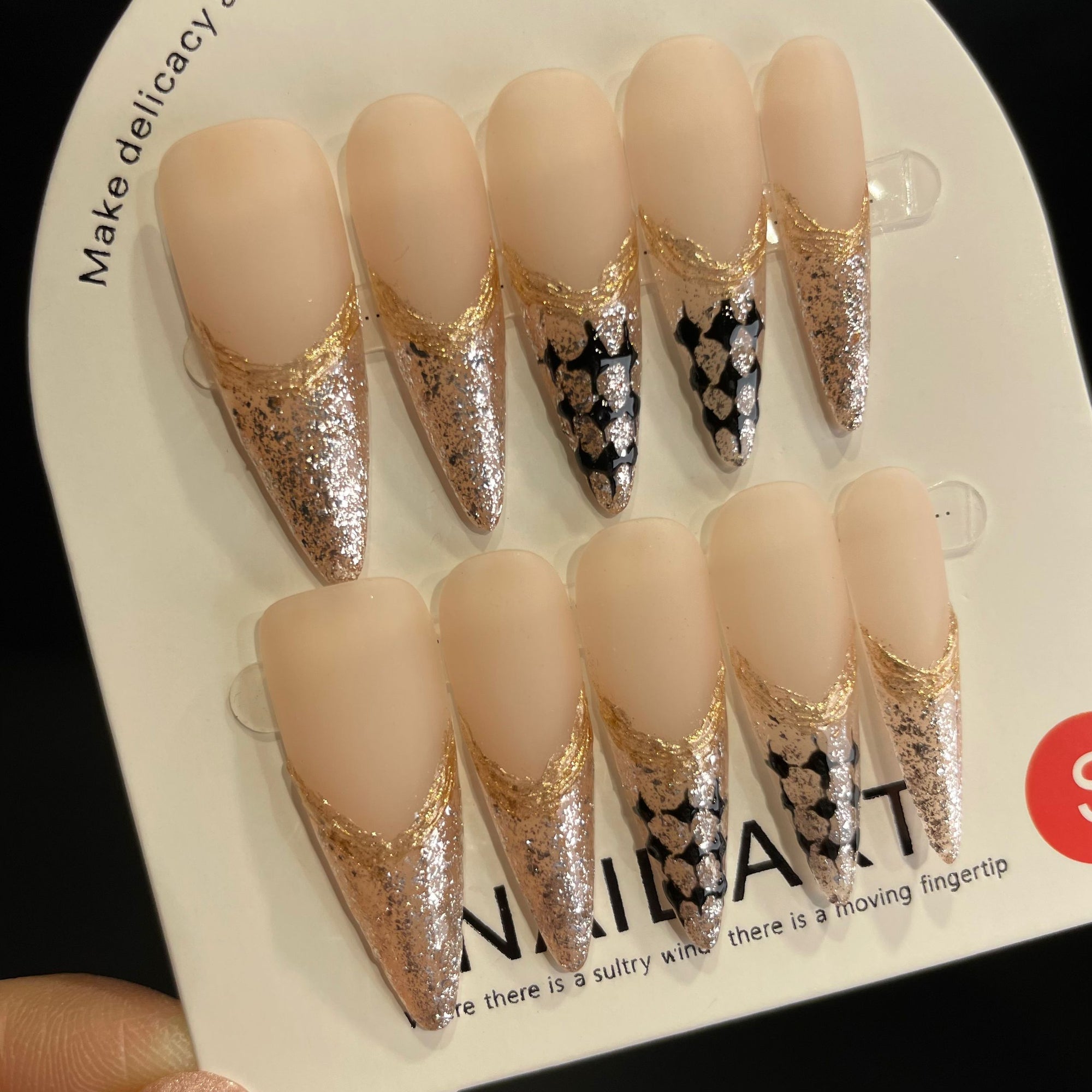 Handmade Press On Nails Long Stiletto Gold French diamond check-YiH