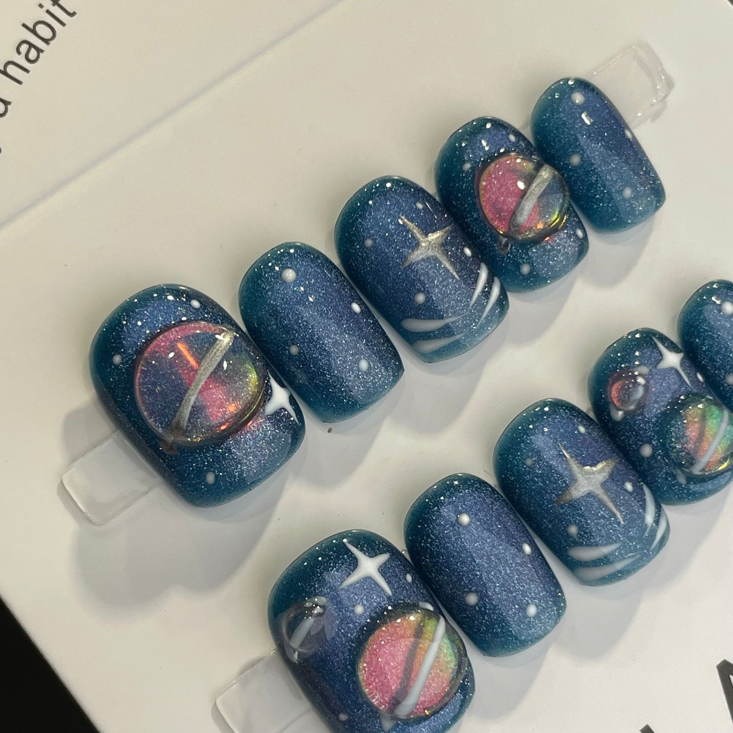 Handmade Press On Nails Short Square Blue planet