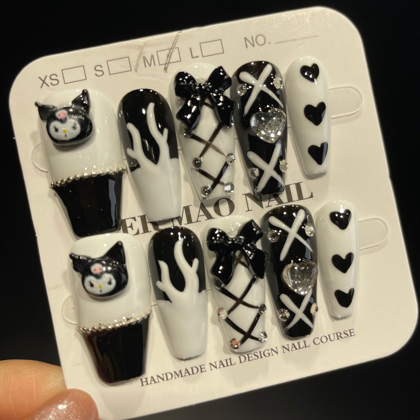 Handmade Press On Nails Long Coffin Black and white cool Kulomi