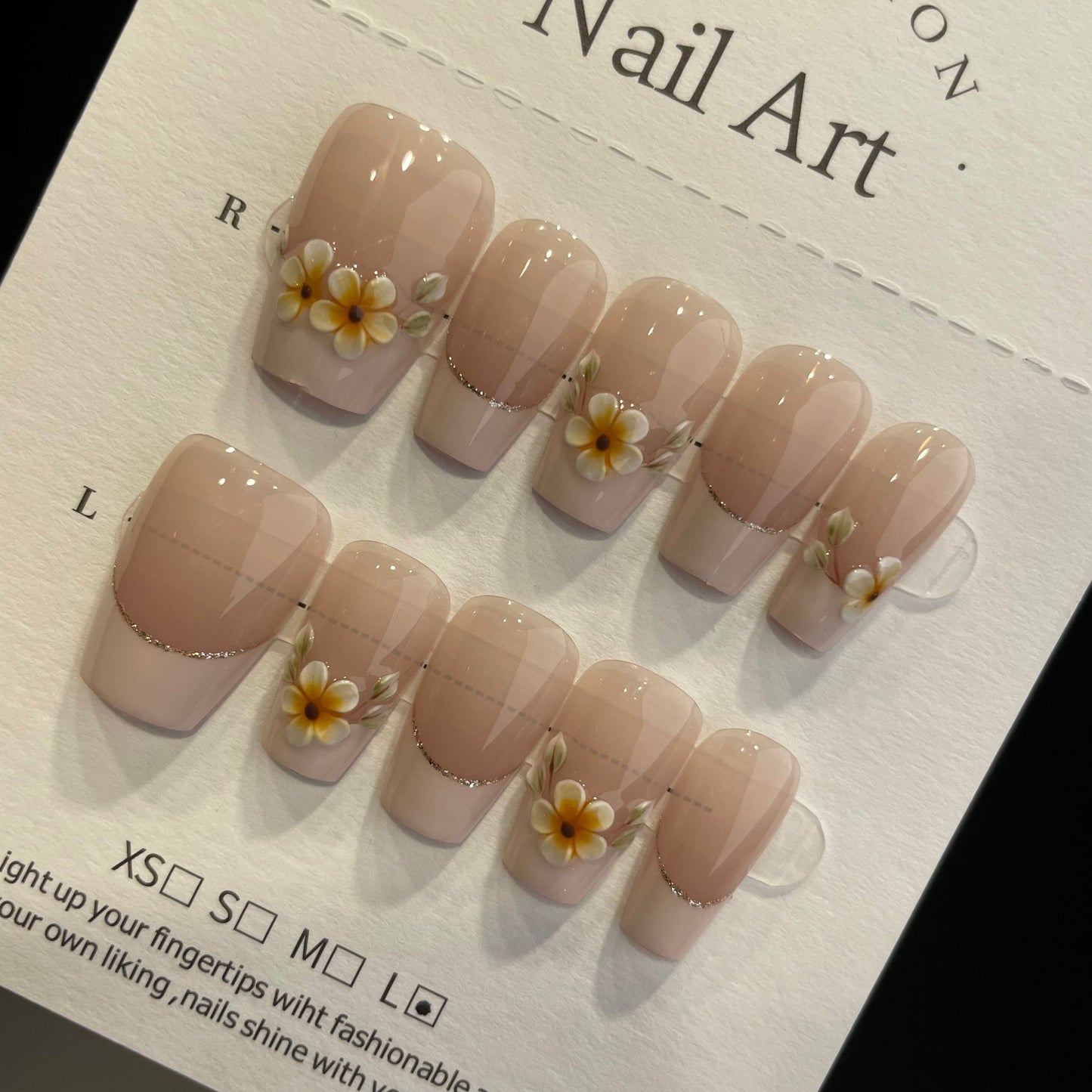 Handmade Press On Nails Medium Coffin Gentle French daisies