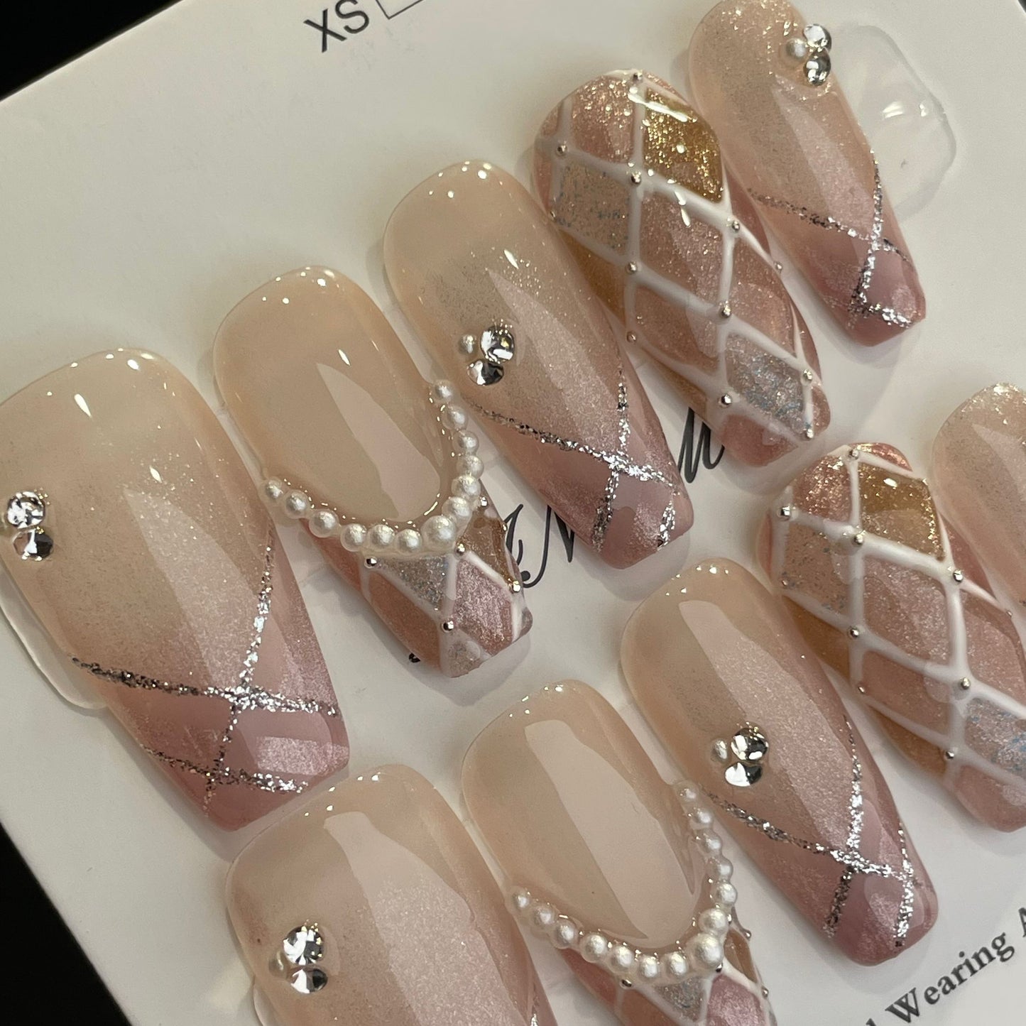 Handmade Press On Nails Long Coffin Pink diamond lattice delicate