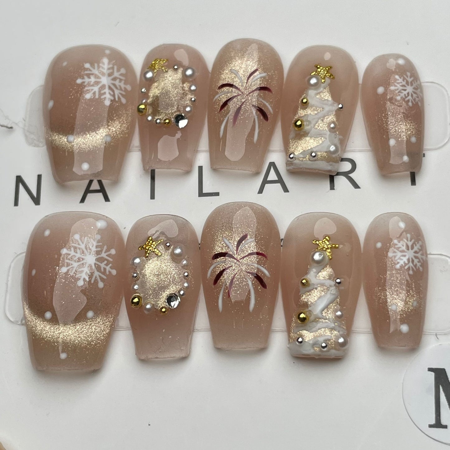 Handmade Press On Nails Medium Coffin Christmas fireworks