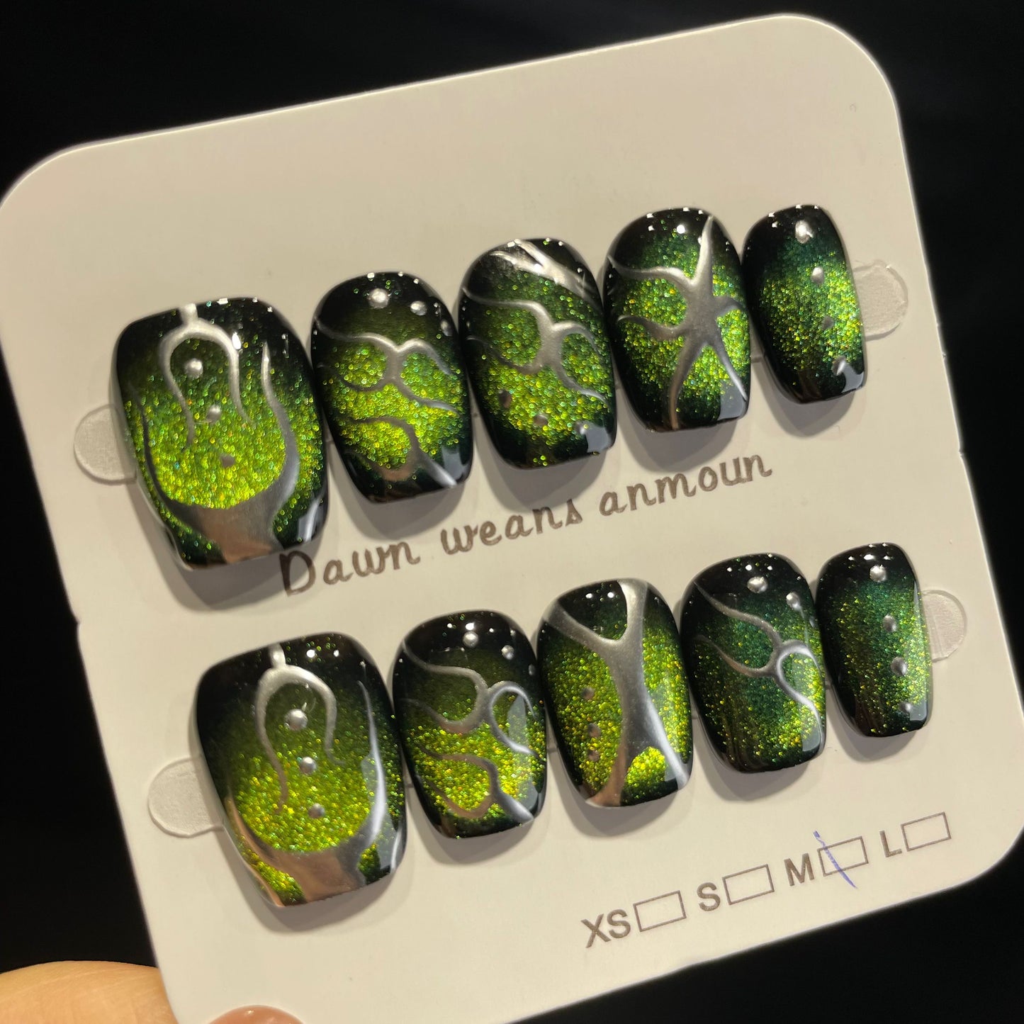 Handmade Press On Nails Short Coffin Green cat's eye silver thread-XiXX