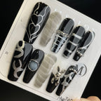 Handmade Press On Nails Long Coffin Black silver lines-YiH