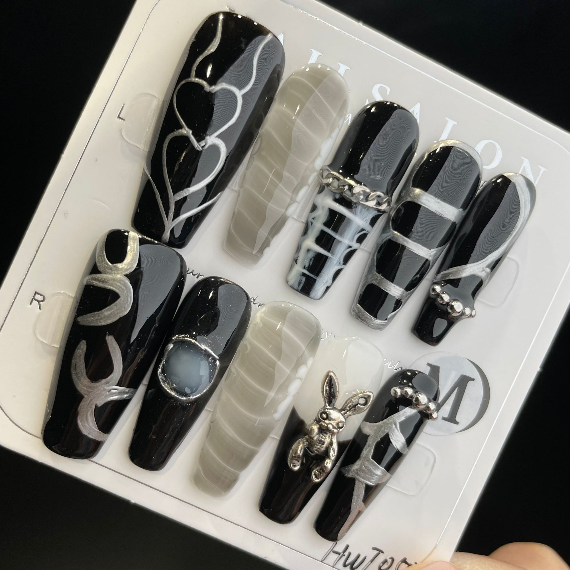 Handmade Press On Nails Long Coffin Black silver lines-YiH