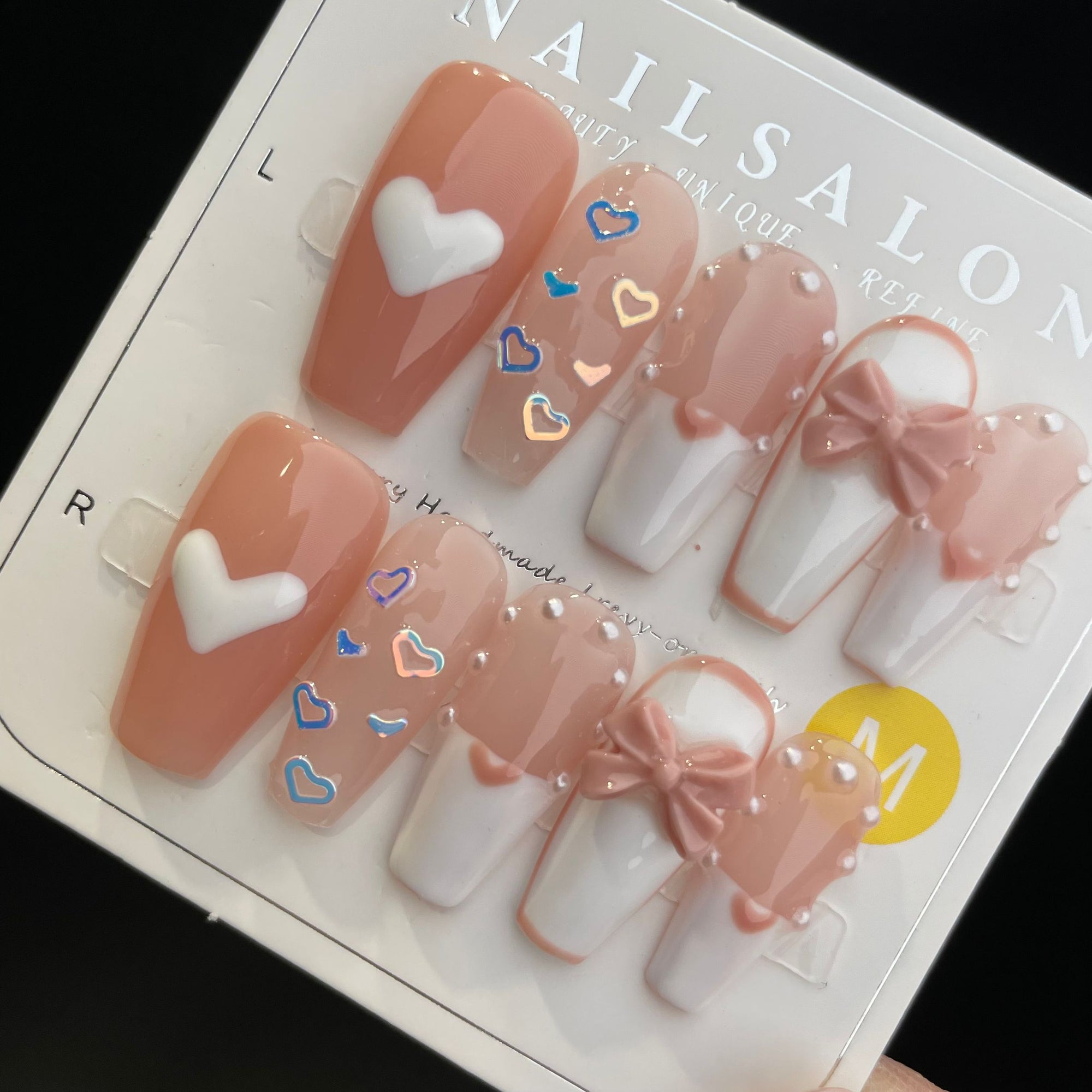 Handmade Press On Nails Long Coffin Hearts and bows-YiH