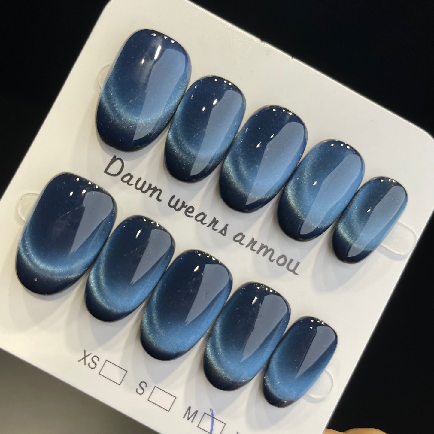 Handmade Press On Nails Short Oval Blue cat's eye-XiXX