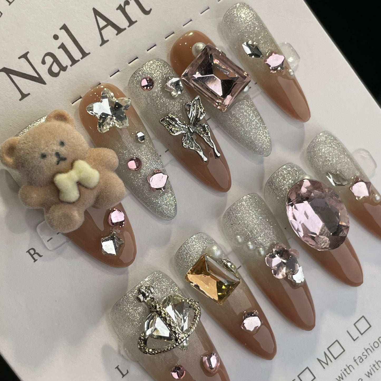 Handmade Press On Nails Long Almond Flocked bear