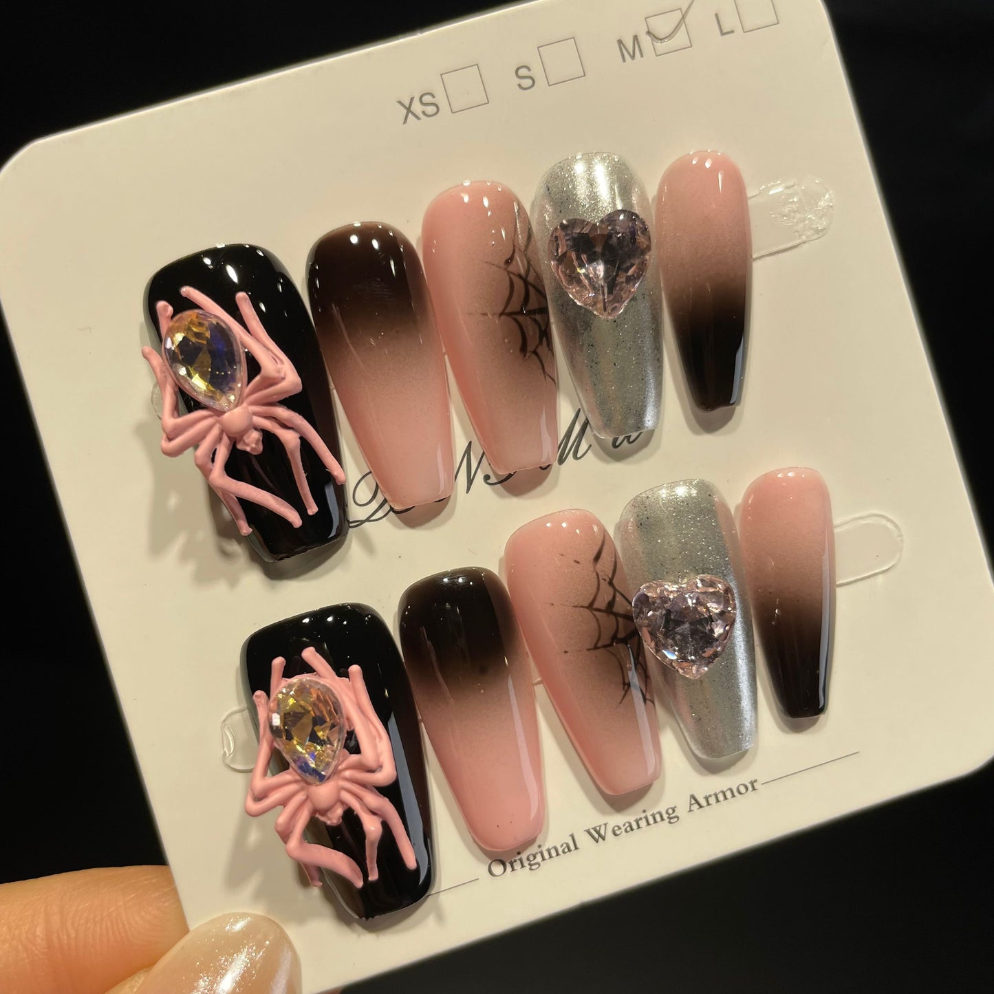 Handmade Press On Nails Long Coffin Black pink butterfly