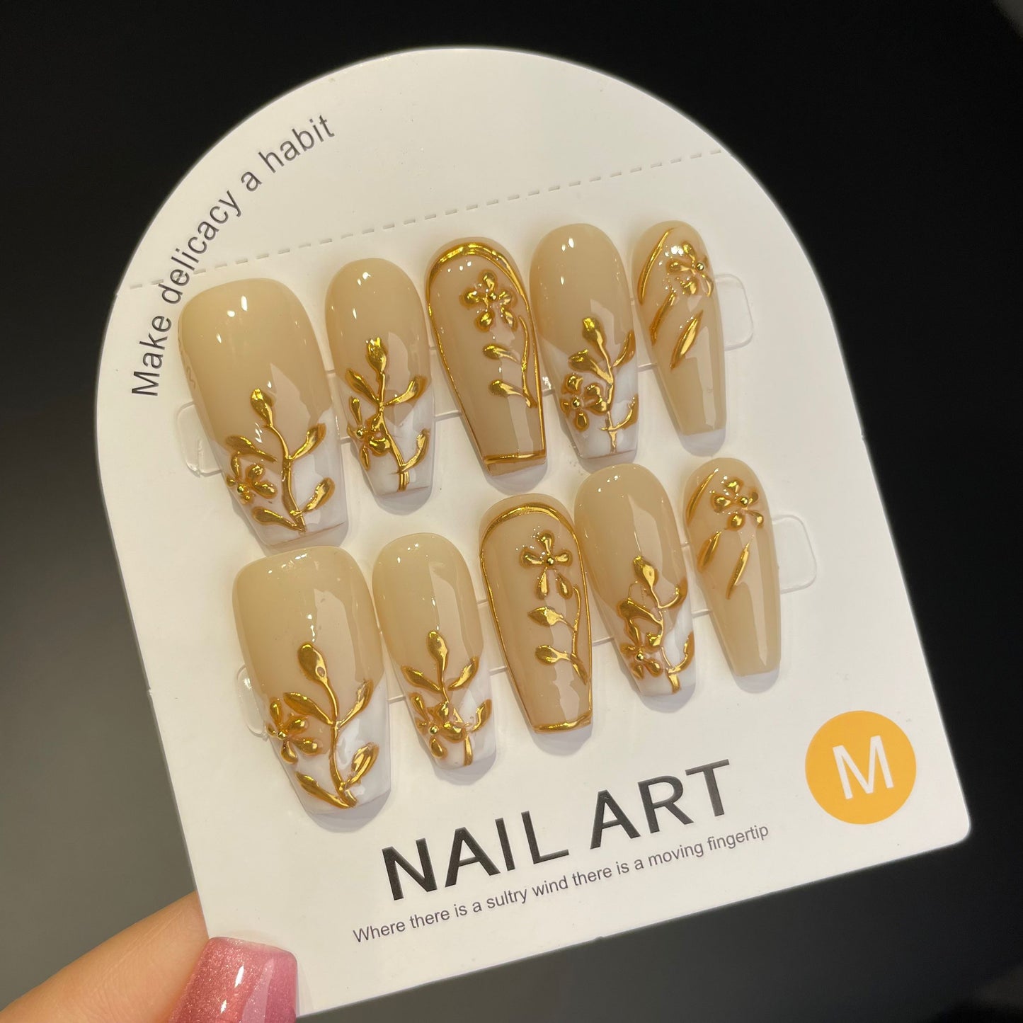 Handmade Press On Nails Long Coffin Autumn gold leaf French